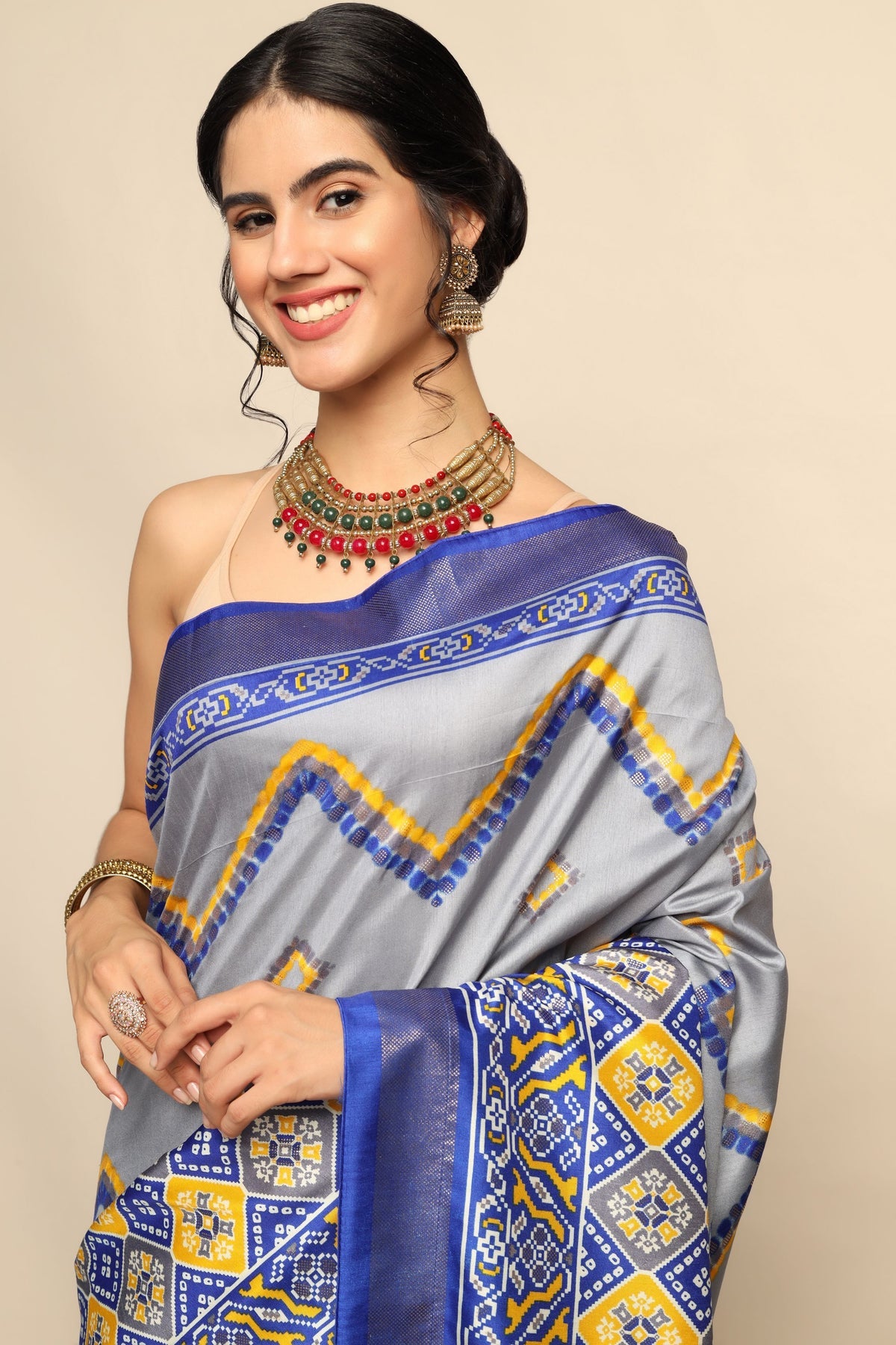 Trendy Blue Geometric Motif Printed Saree