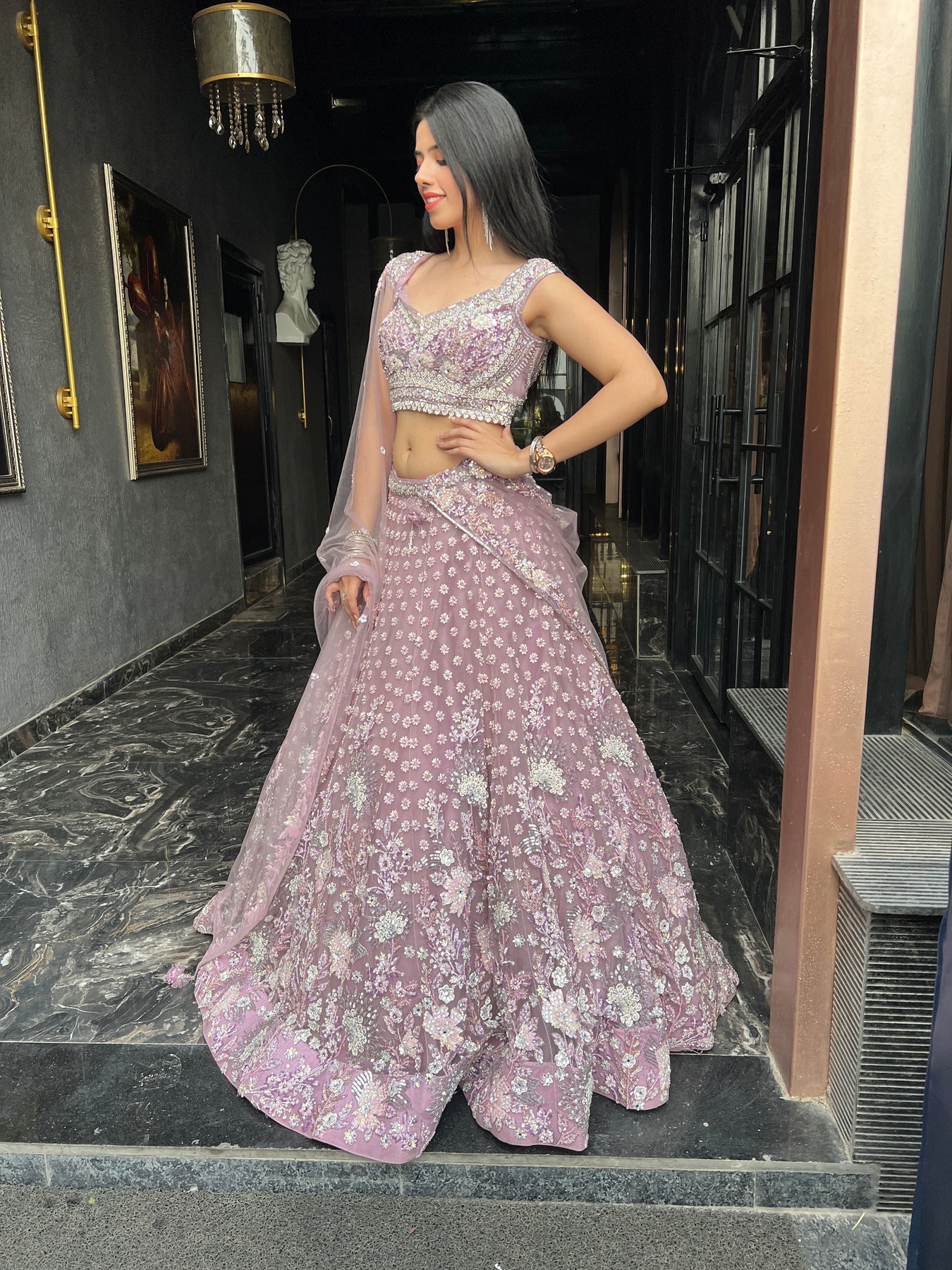 adorable muve color floral motif embroidered lehenga