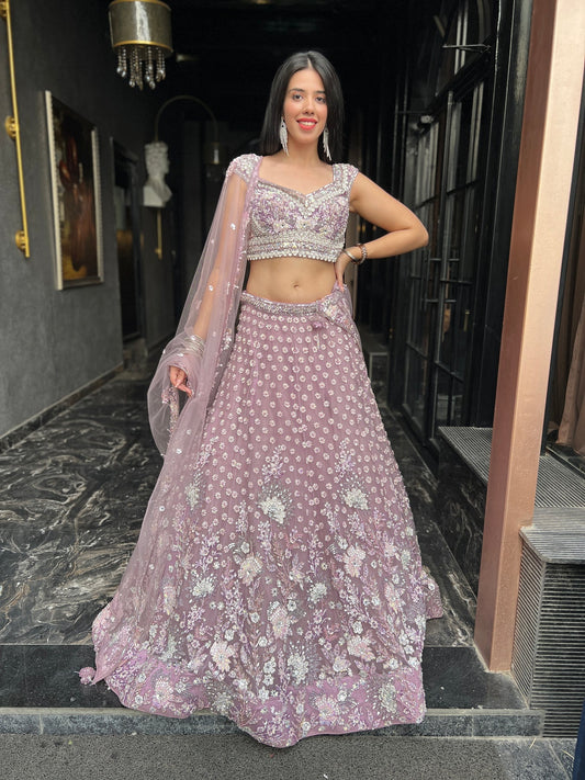 adorable muve color floral motif embroidered lehenga