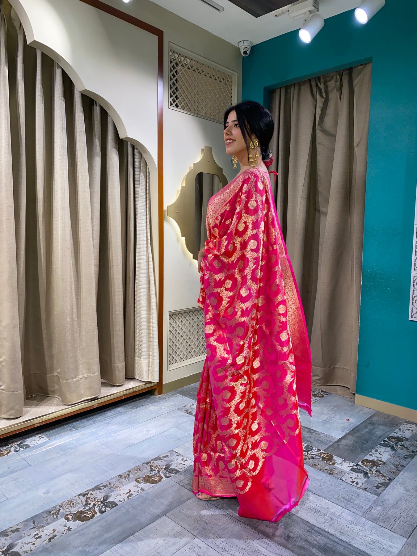 Elegant dark pink color floral motif hand woven saree