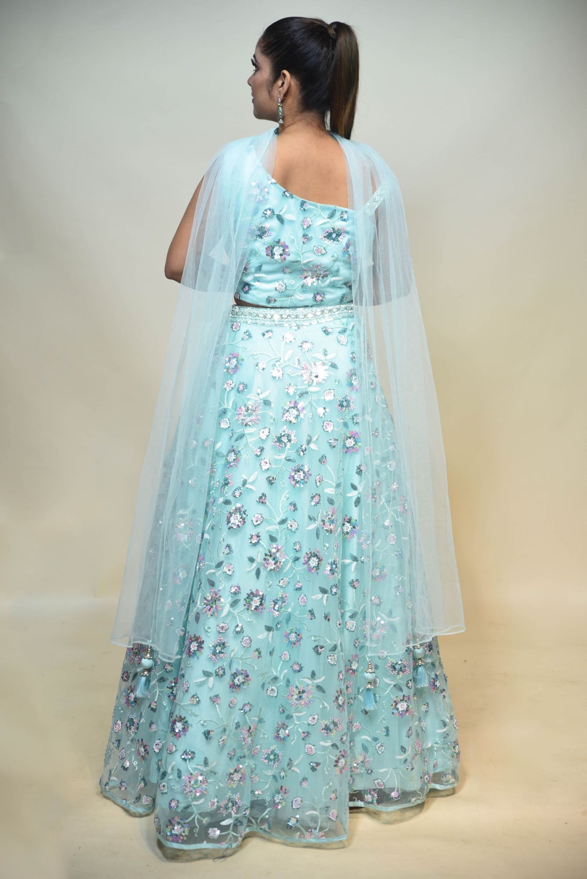 gorgeous blue color floral motif embroidered lehenga