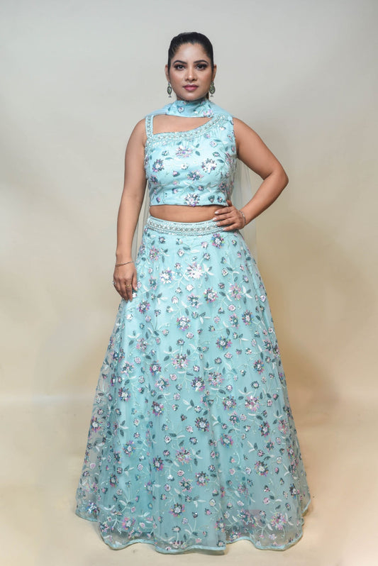 gorgeous blue color floral motif embroidered lehenga