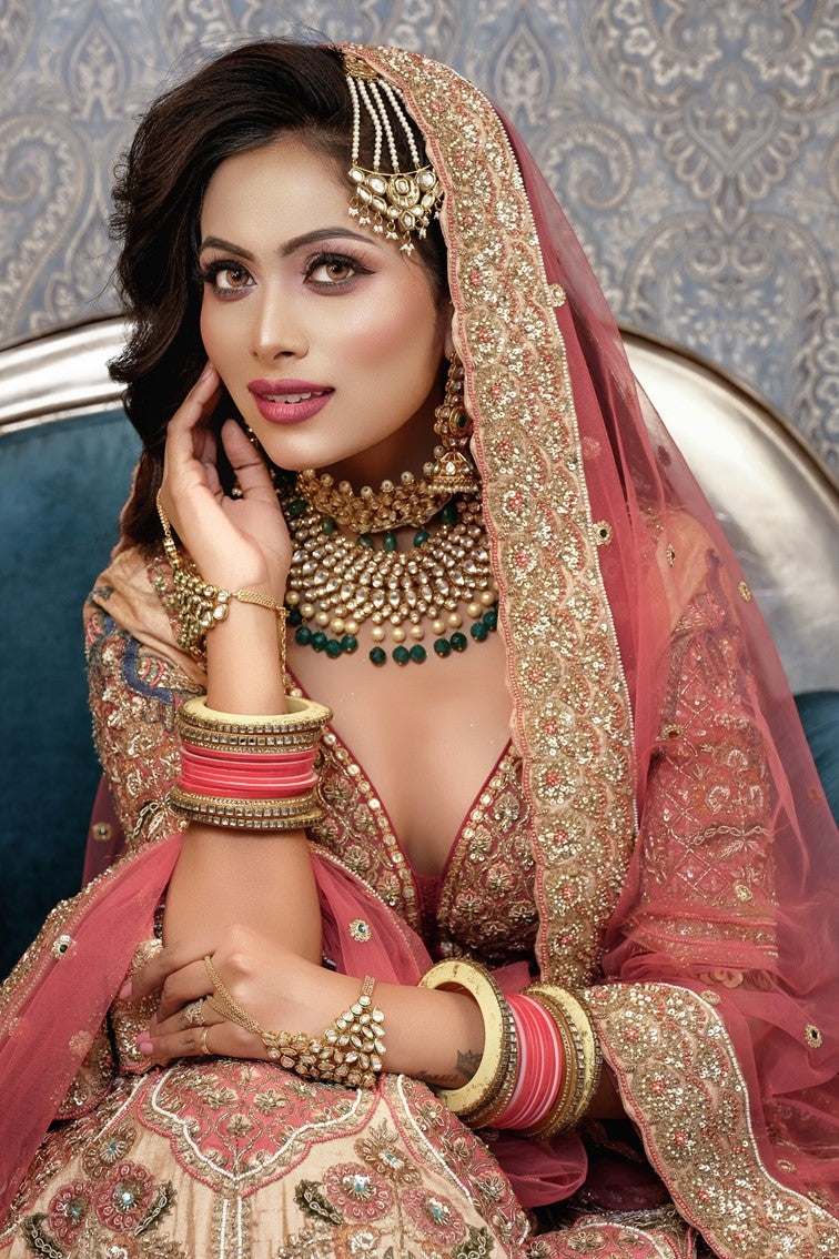 Beautiful Peach Color Bridal Embroidered Lehanga