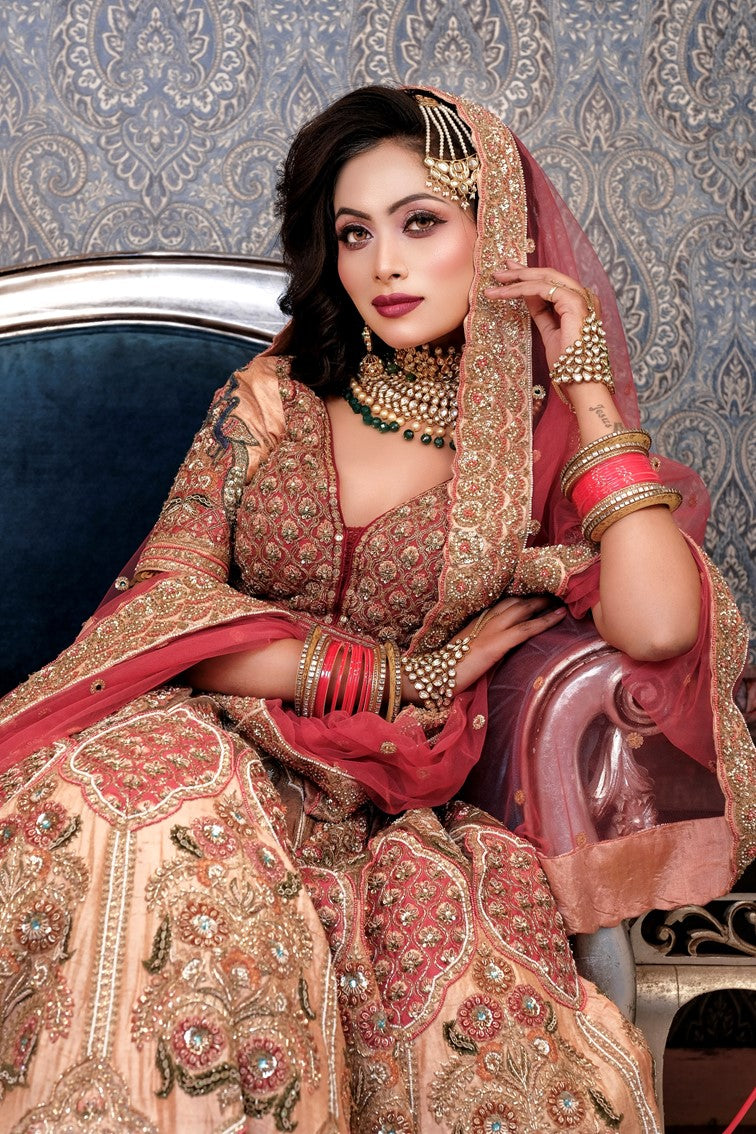 Beautiful Peach Color Bridal Embroidered Lehanga