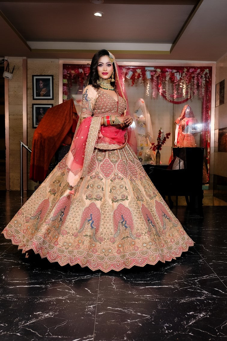 Beautiful Peach Color Bridal Embroidered Lehanga