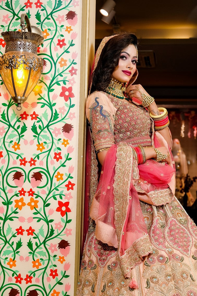 Beautiful Peach Color Bridal Embroidered Lehanga