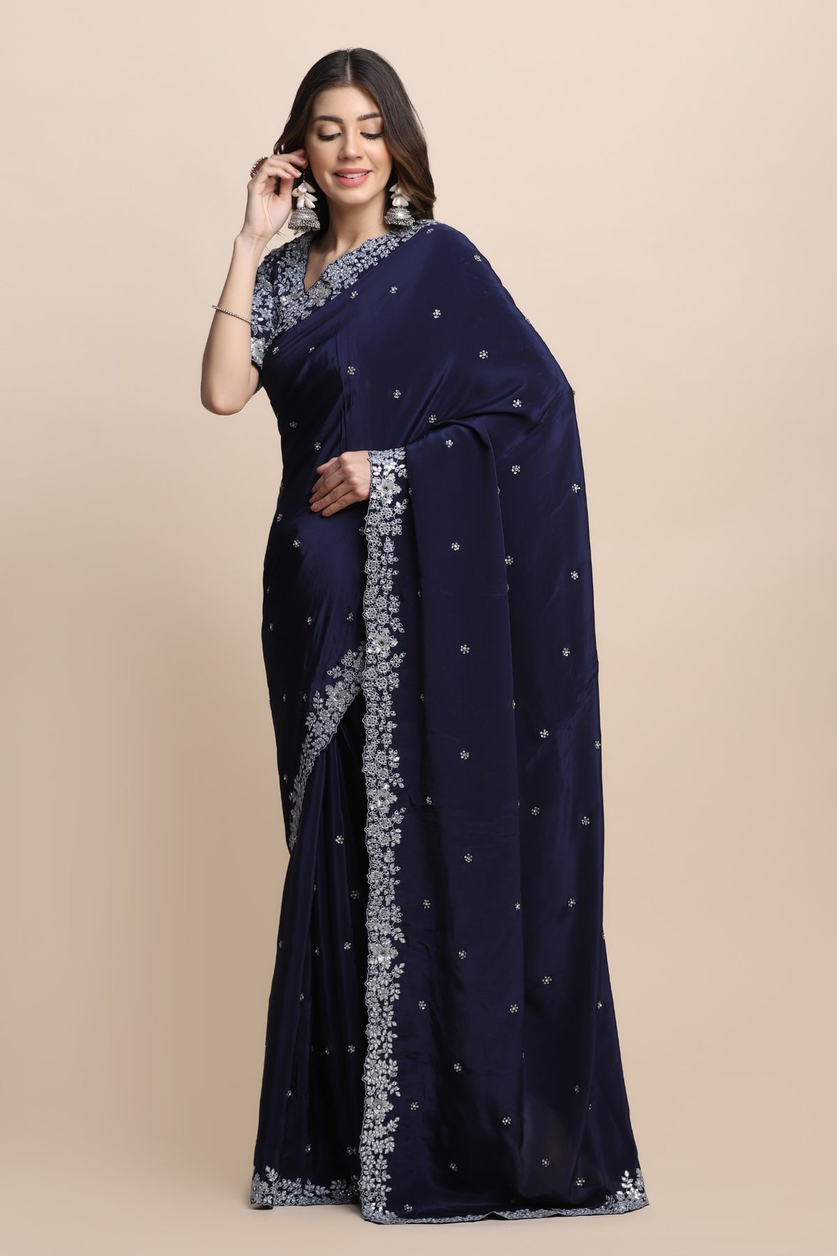 Glamorous royal blue color floral embroidered saree
