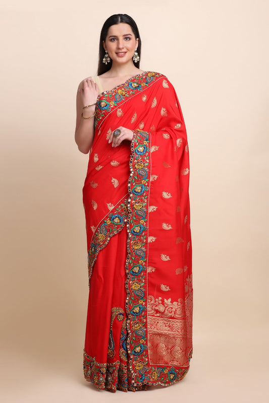 Classic red color woven floral motif saree with broad scalloped border and matching woven blouse