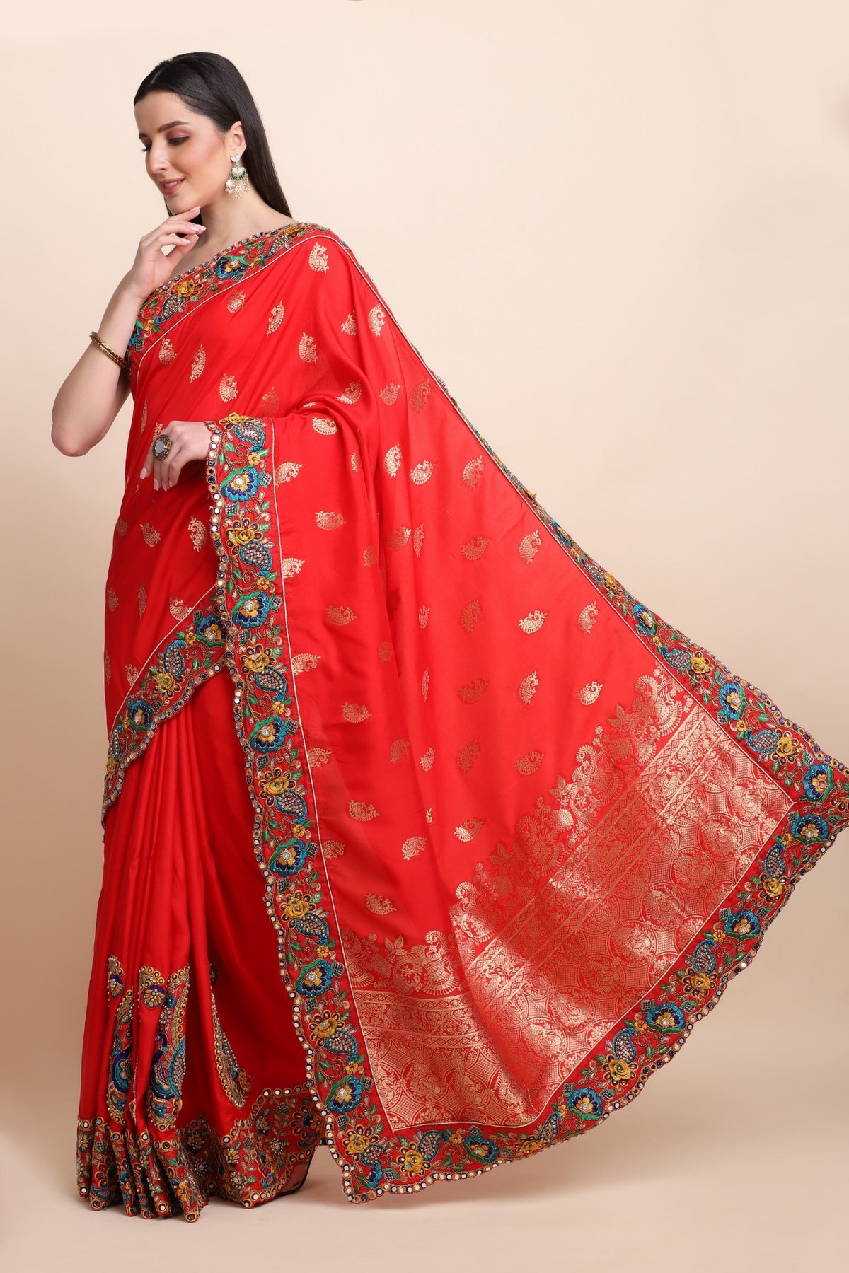 Classic red color woven floral motif saree with broad scalloped border and matching woven blouse