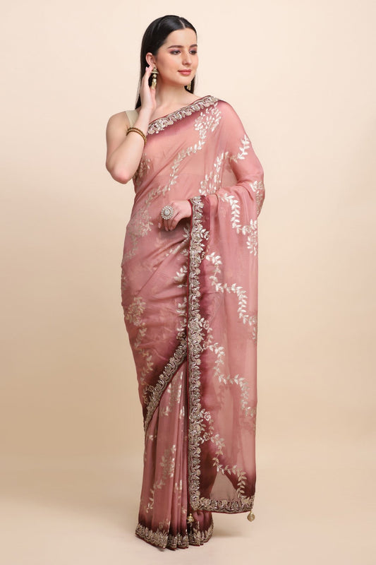 Beautiful peach color woven embroidered saree
