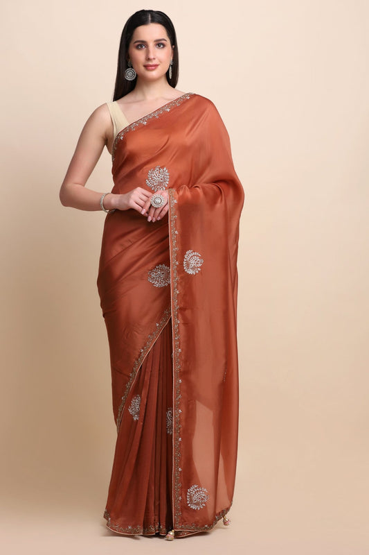 Elegant rusty orange color peacock motif embroidered saree