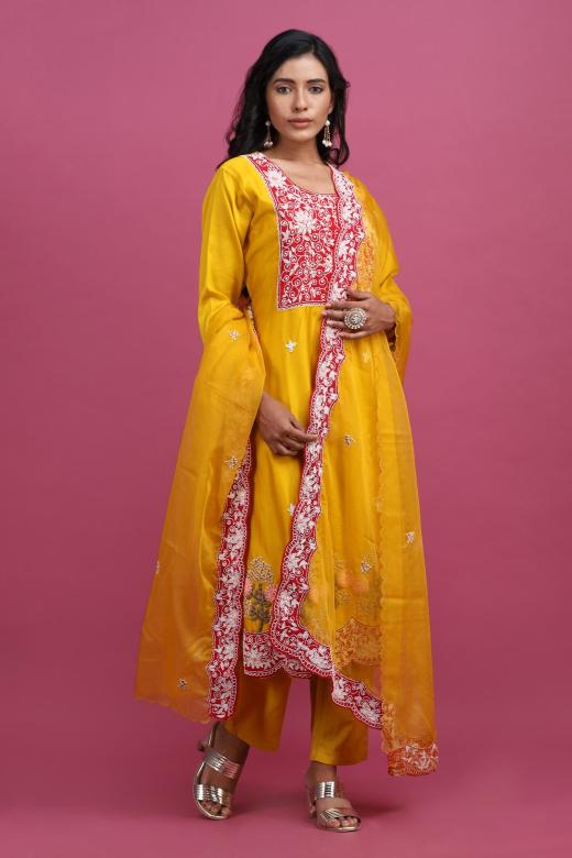 Mustard embellished suit with pants and dupatta