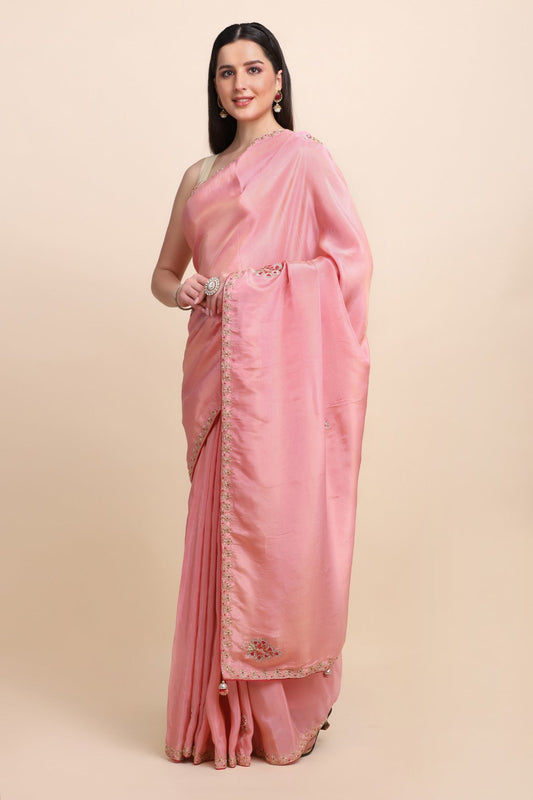 Beautiful Pink Embroidered Saree with Matching Blouse