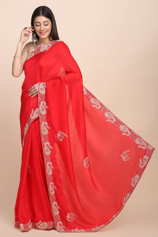 Beautiful red color paisley border saree