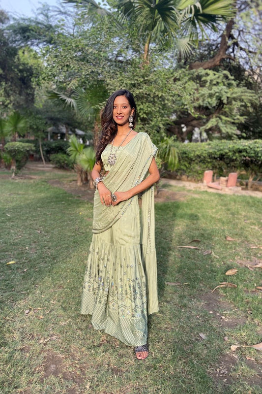 Beautiful green color floral motif embroidered sharara with drape dupatta cum drape saree
