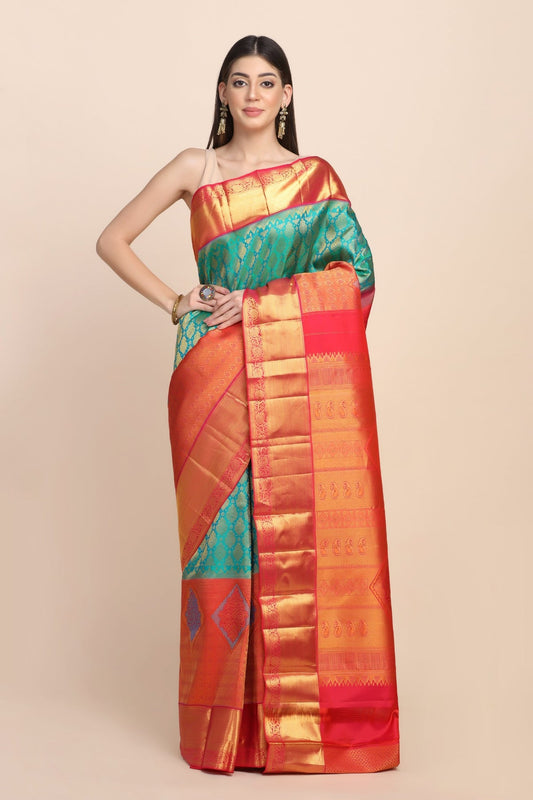 Beautiful turquoise color floral motif handwoven saree