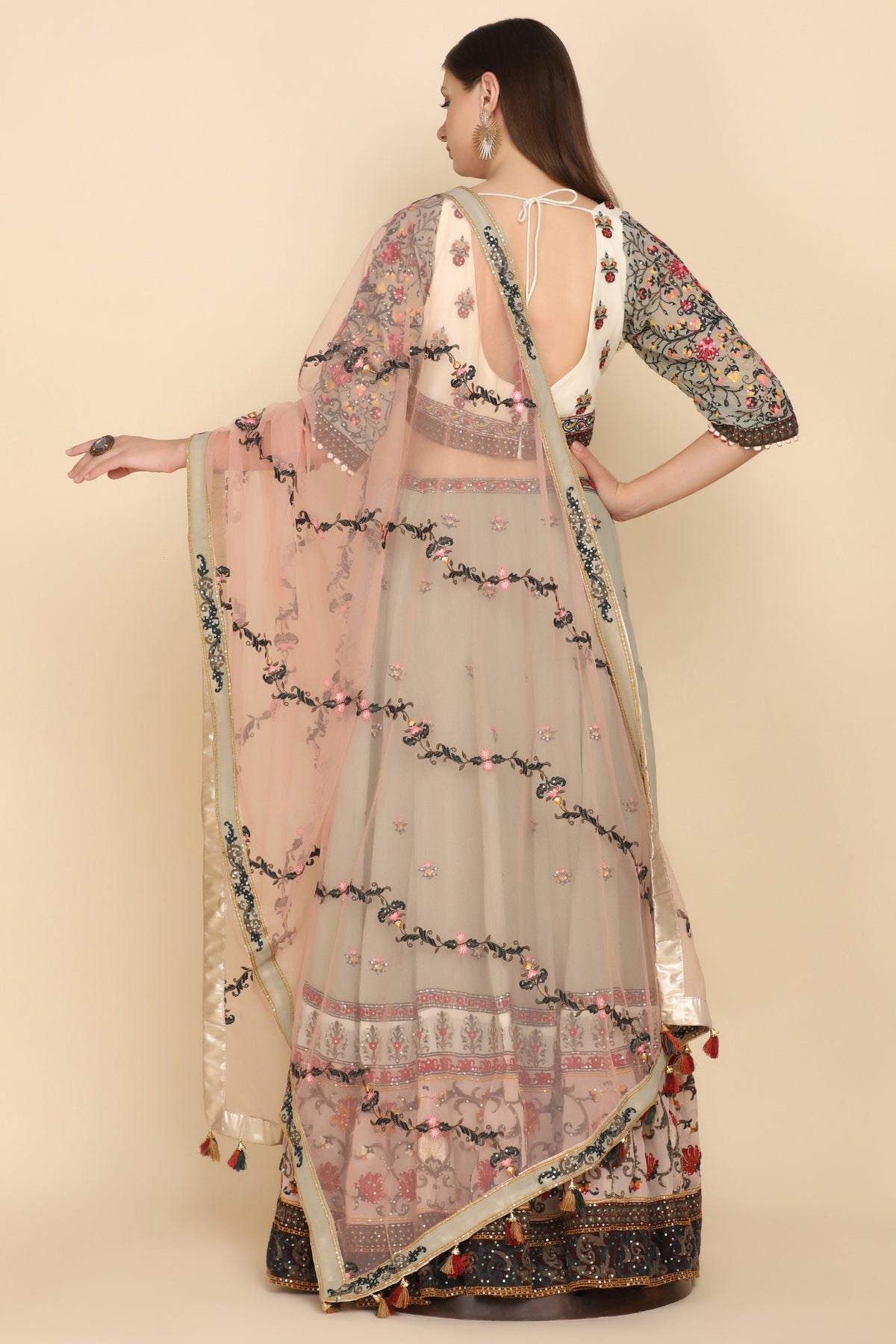 Beautiful light green floral motif embroidered lehanga