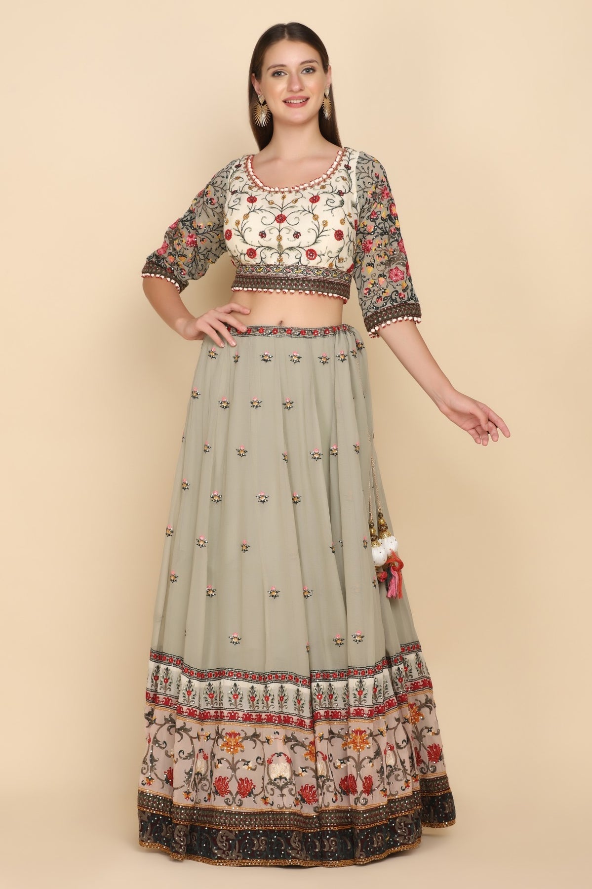 Beautiful light green floral motif embroidered lehanga