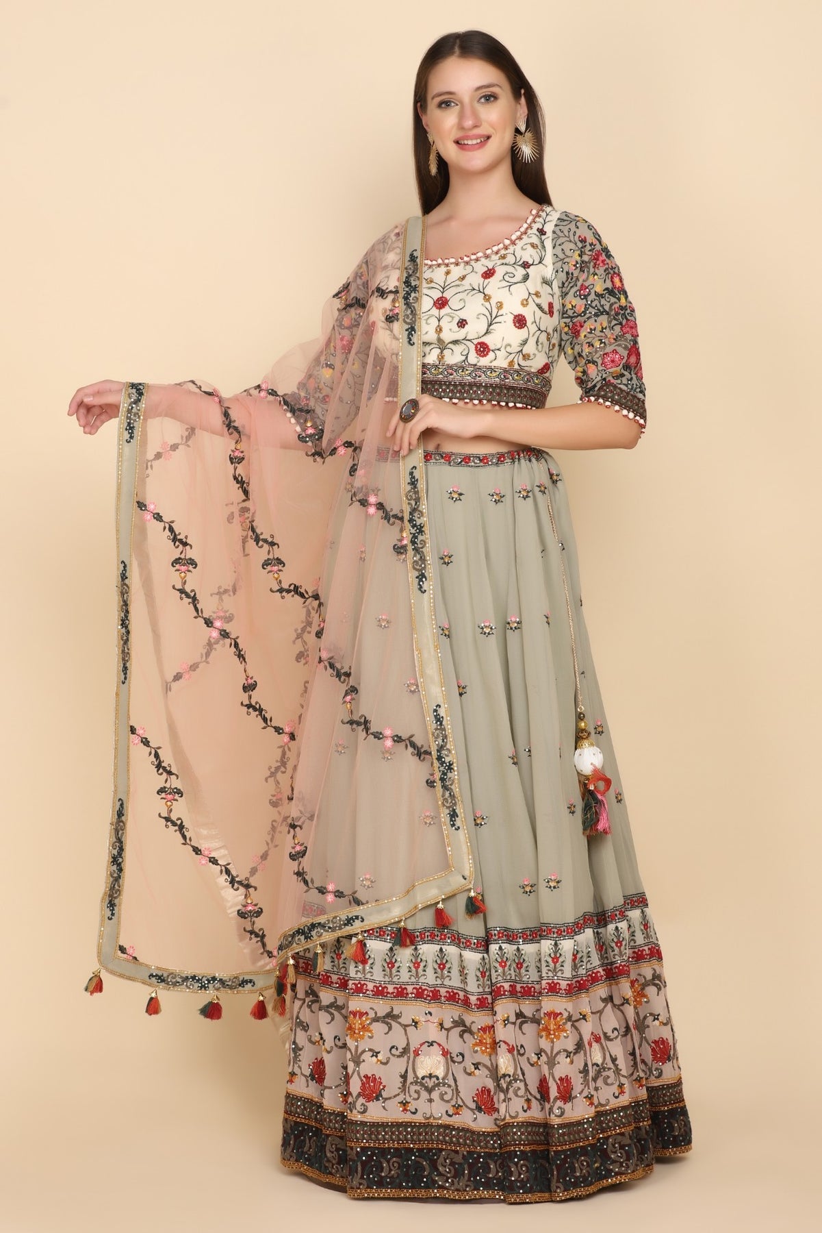 Beautiful light green floral motif embroidered lehanga