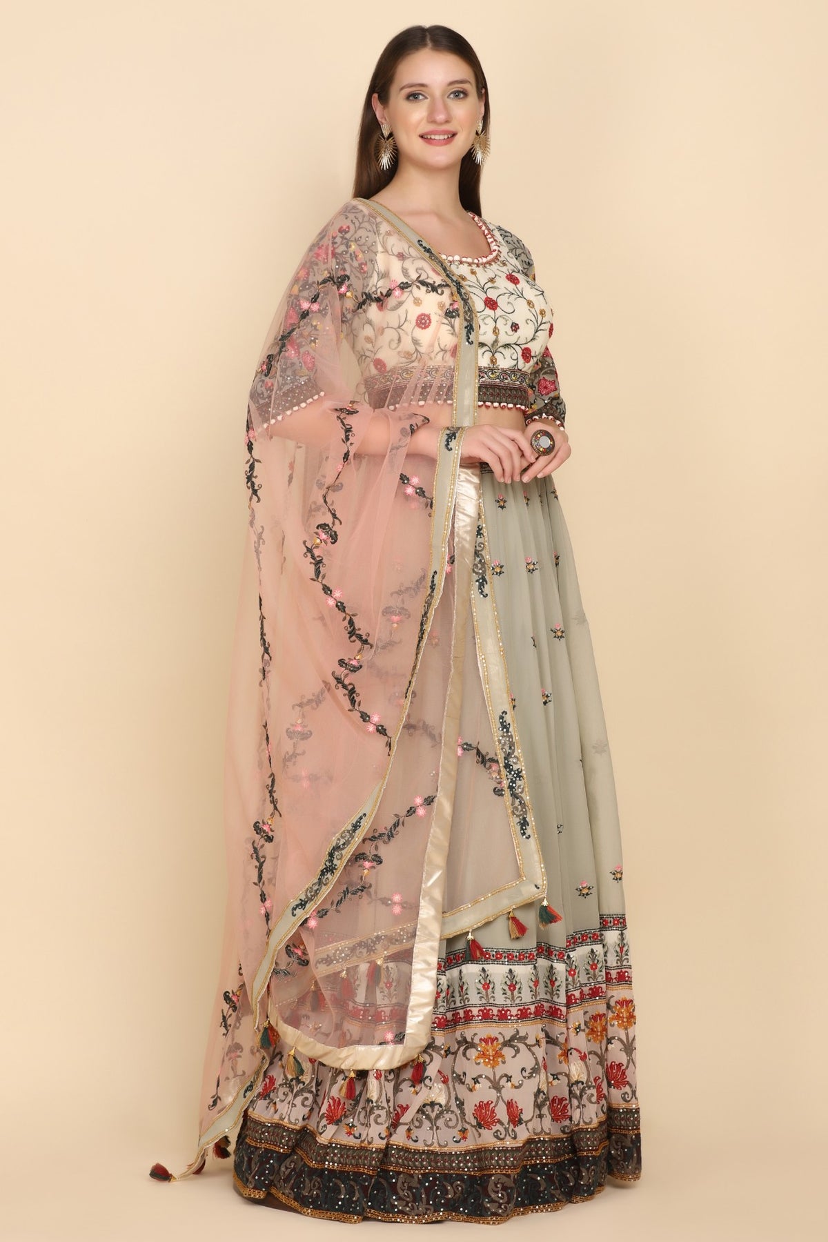Beautiful light green floral motif embroidered lehanga