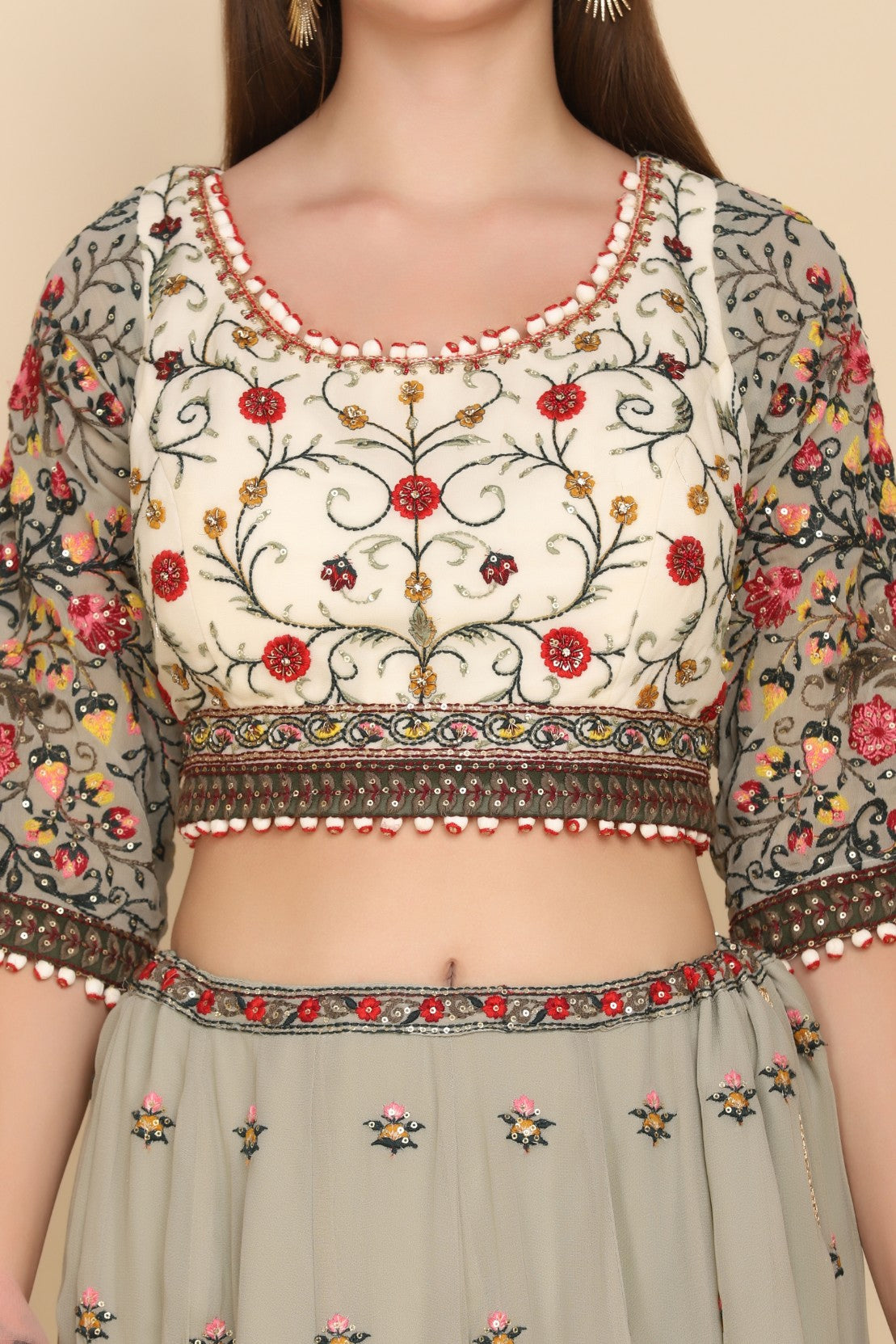 Beautiful light green floral motif embroidered lehanga