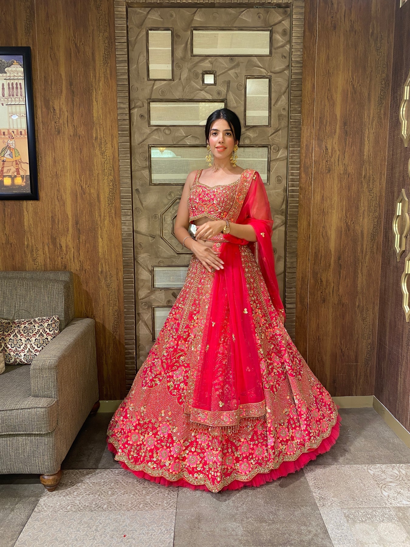 Stylish Carrot Pink Bridal Lehenga