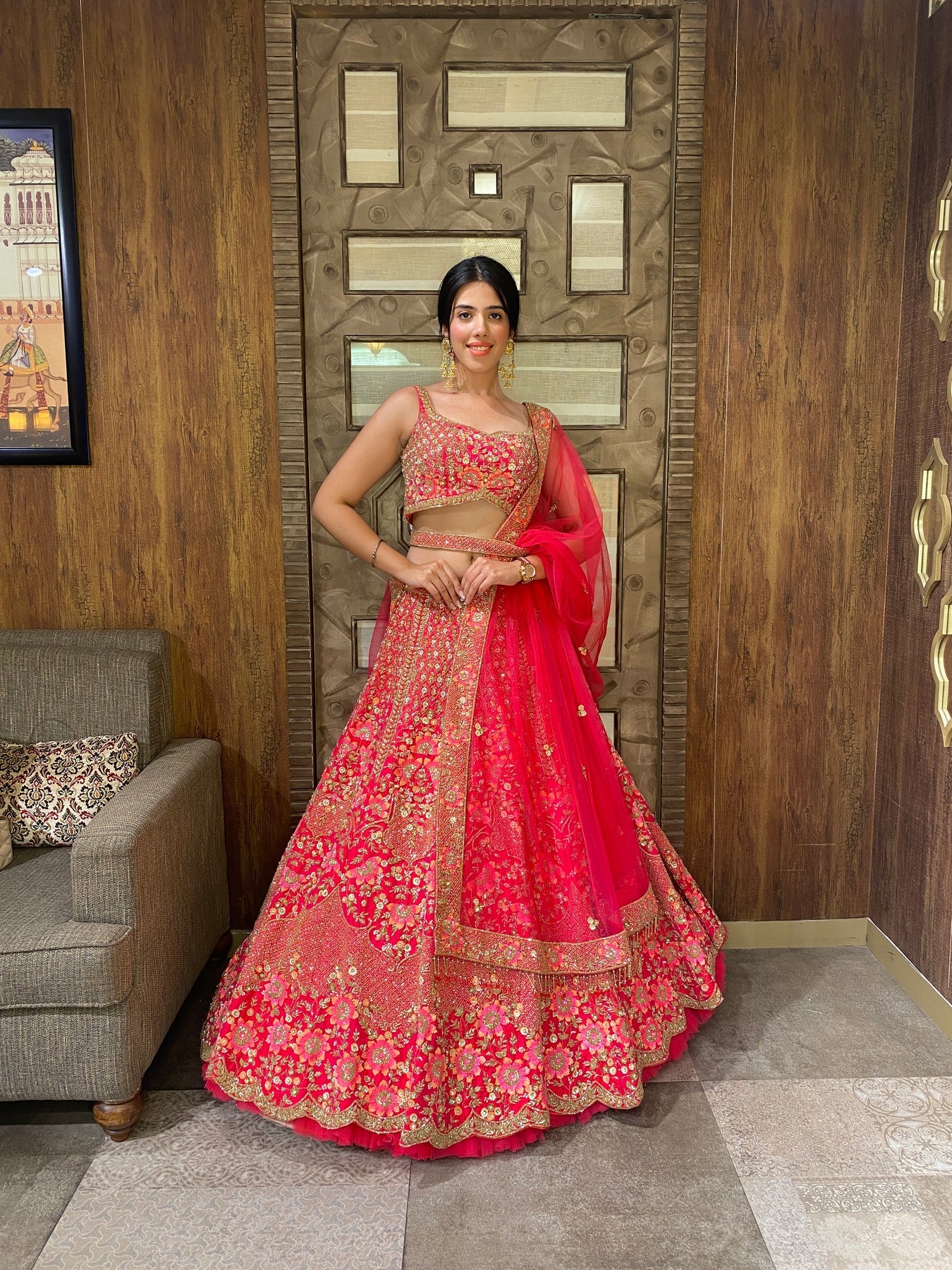 Stylish Carrot Pink Bridal Lehenga