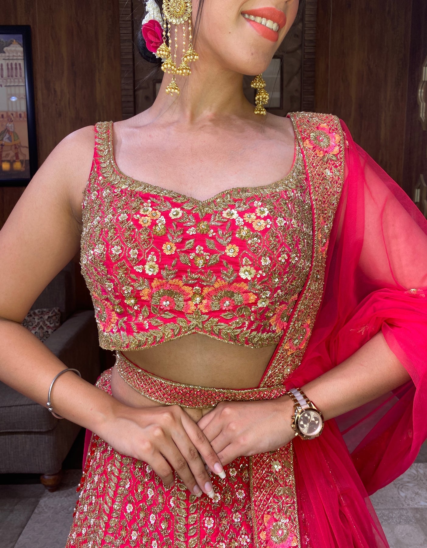 Stylish Carrot Pink Bridal Lehenga