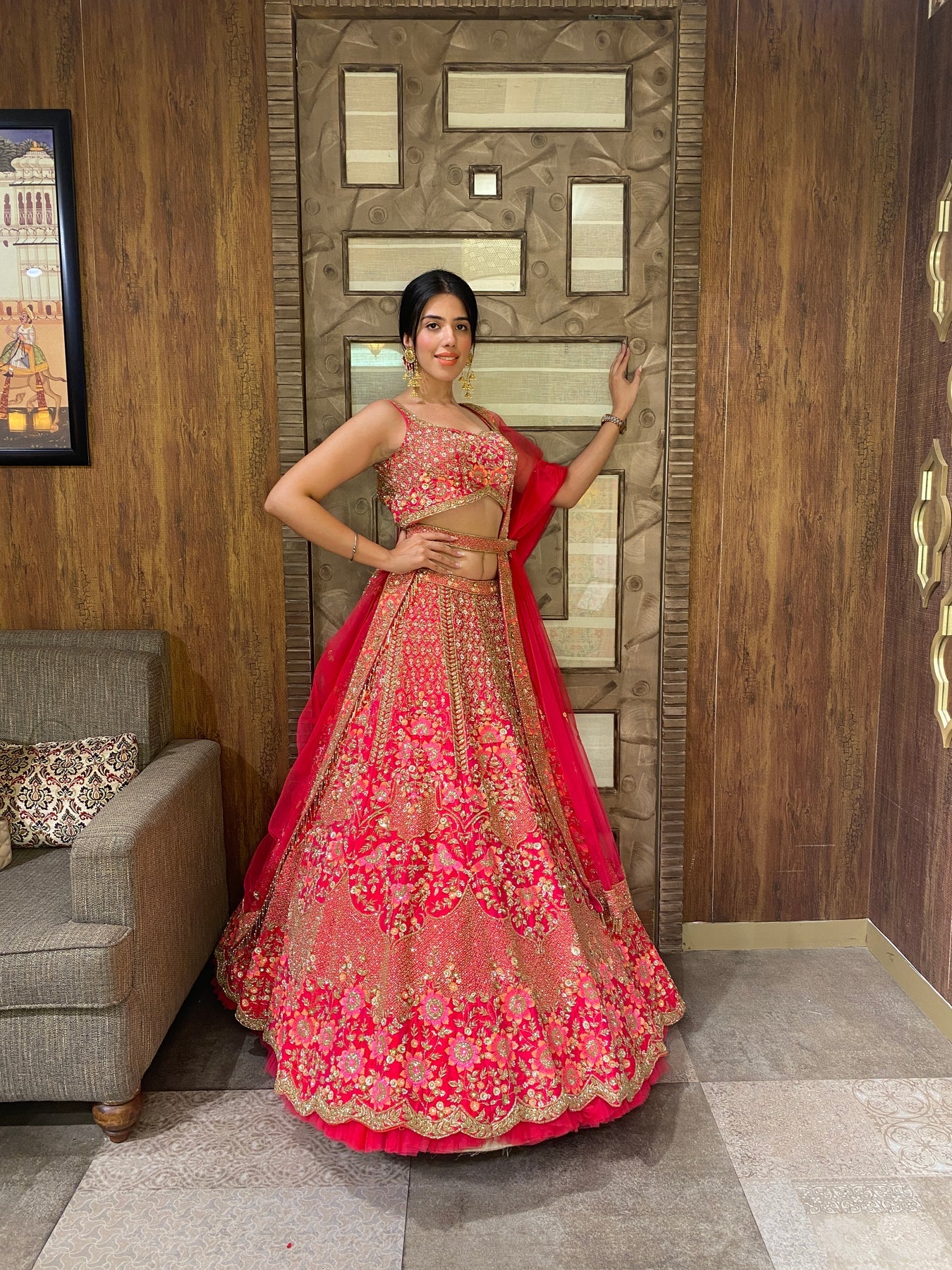 Stylish Carrot Pink Bridal Lehenga