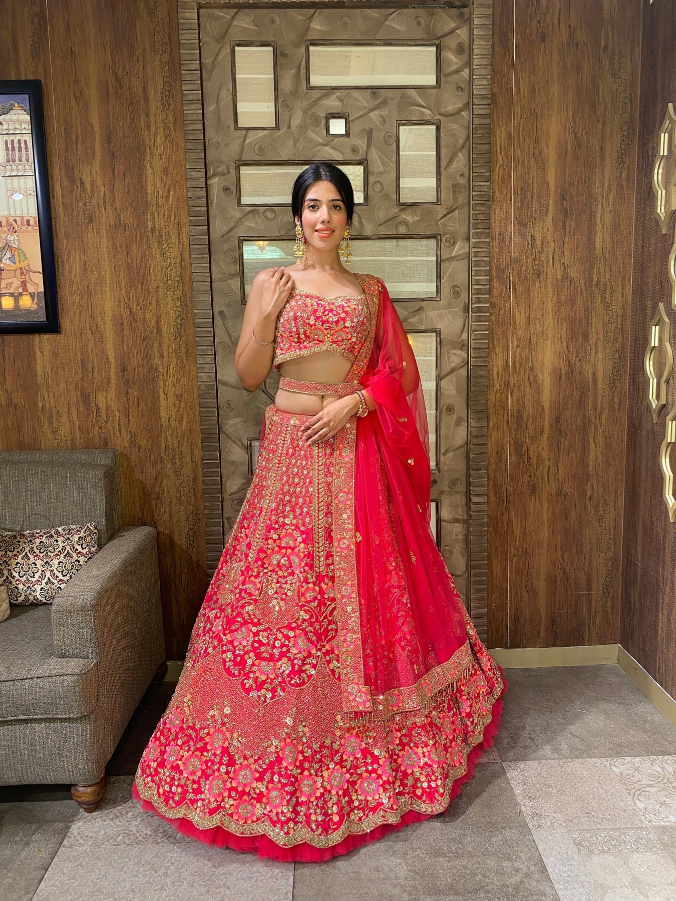 Stylish Carrot Pink Bridal Lehenga