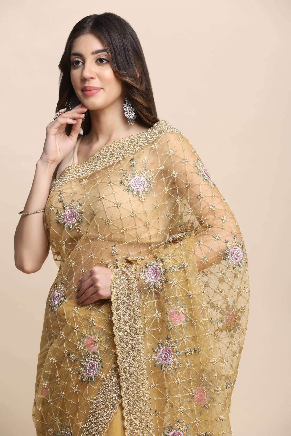 Gorgeous yellow color floral jaal embroidered saree