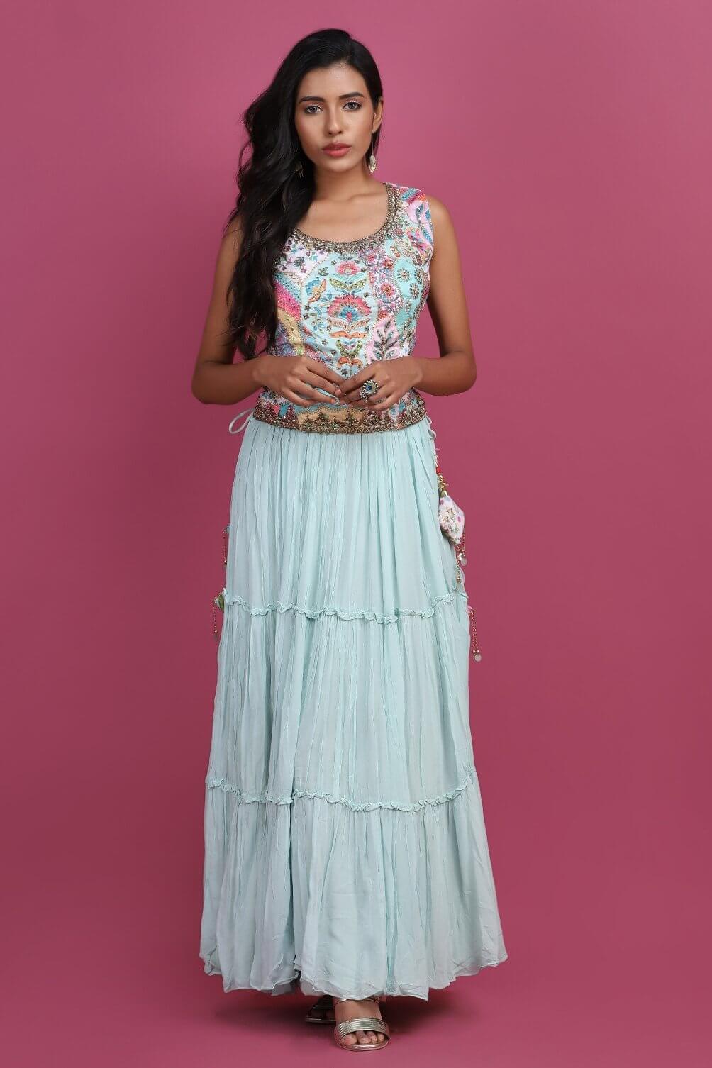 Printed blouse with skirt and dupatta