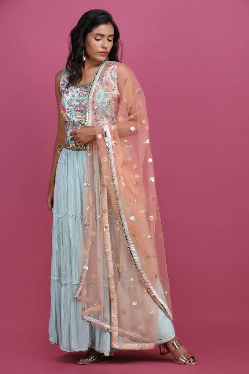 Printed blouse with skirt and dupatta