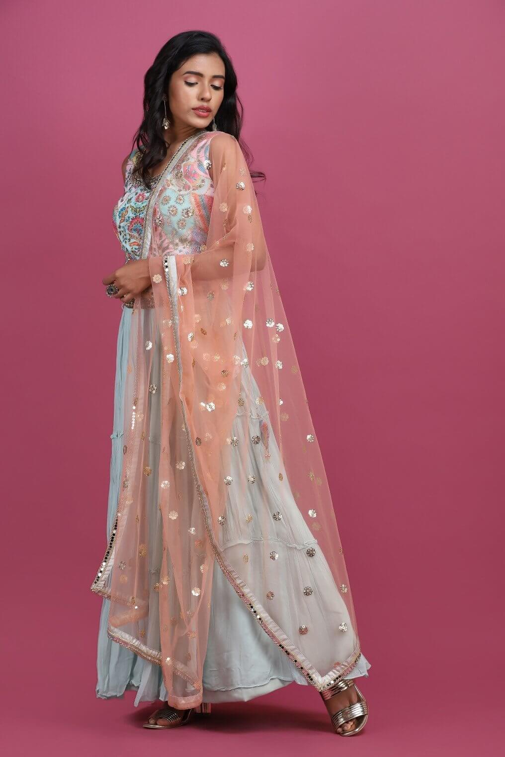 Printed blouse with skirt and dupatta