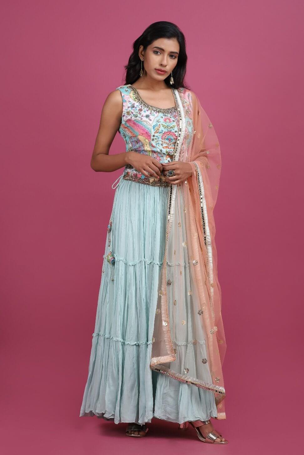 Printed blouse with skirt and dupatta