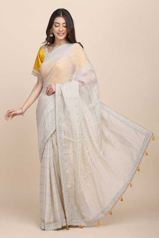 Elegant beige color stripes organza embroidered saree