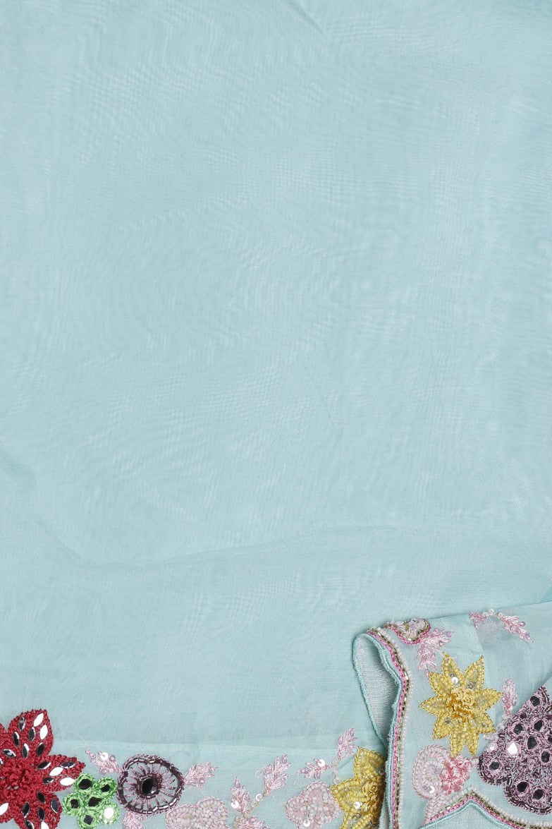 Beautiful aqua color floral motif embroidered saree