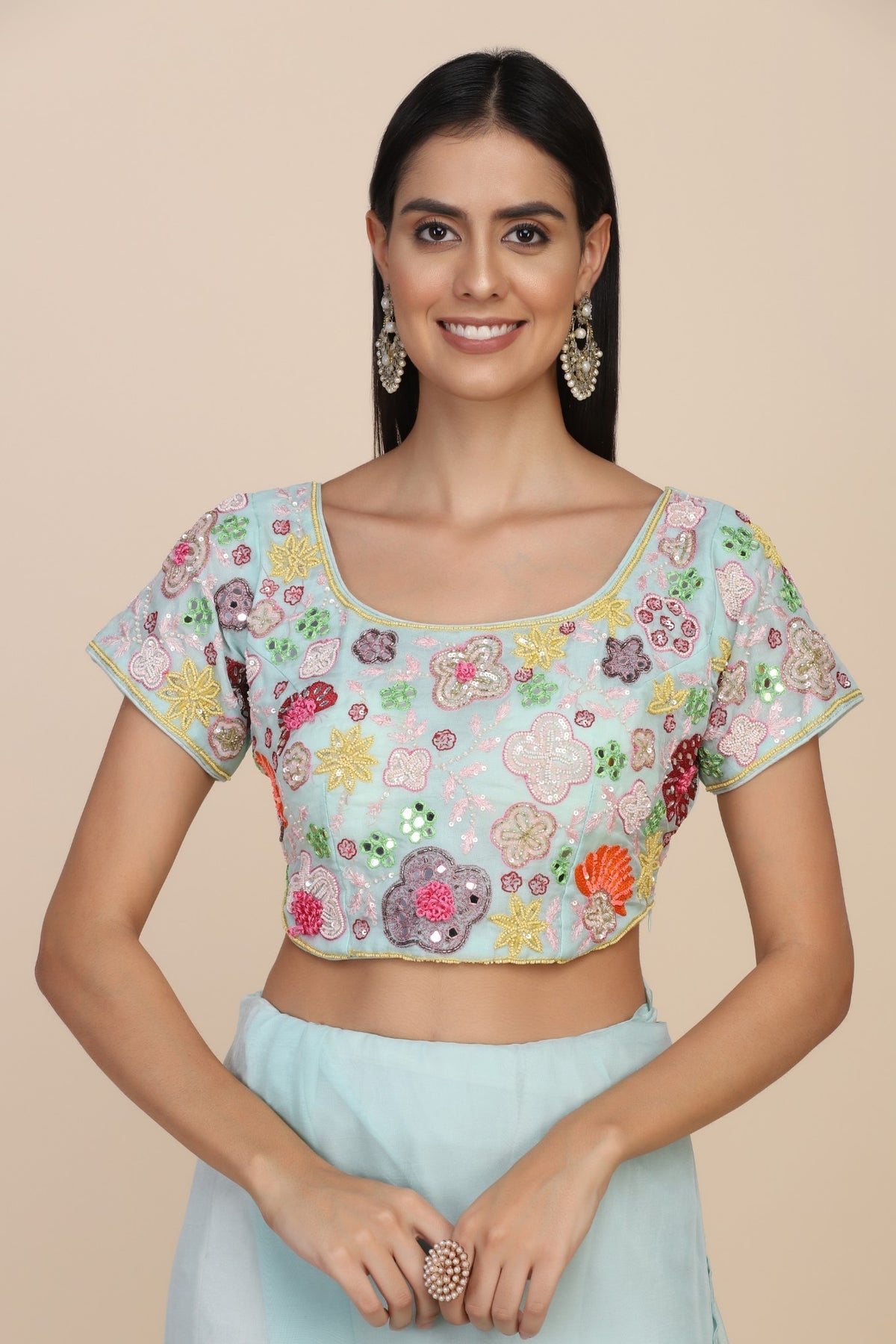 Beautiful aqua color floral motif embroidered saree