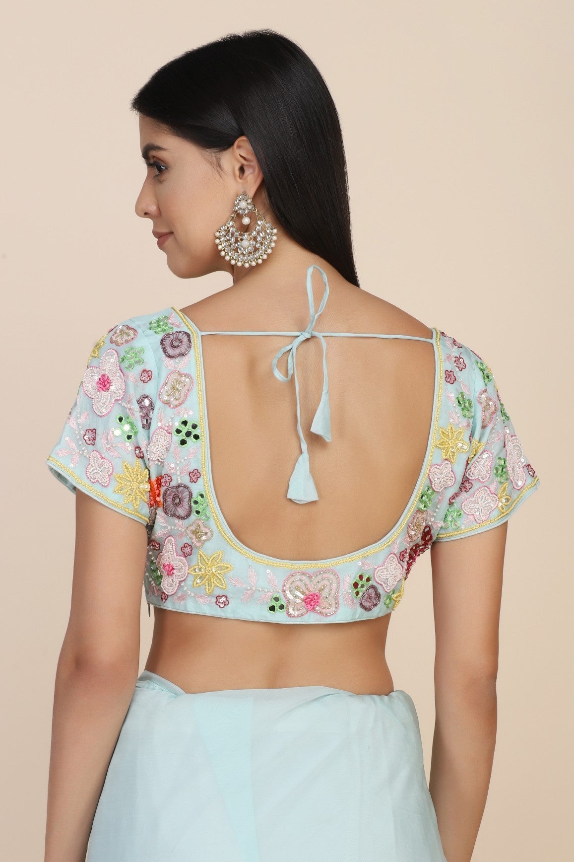 Beautiful aqua color floral motif embroidered saree