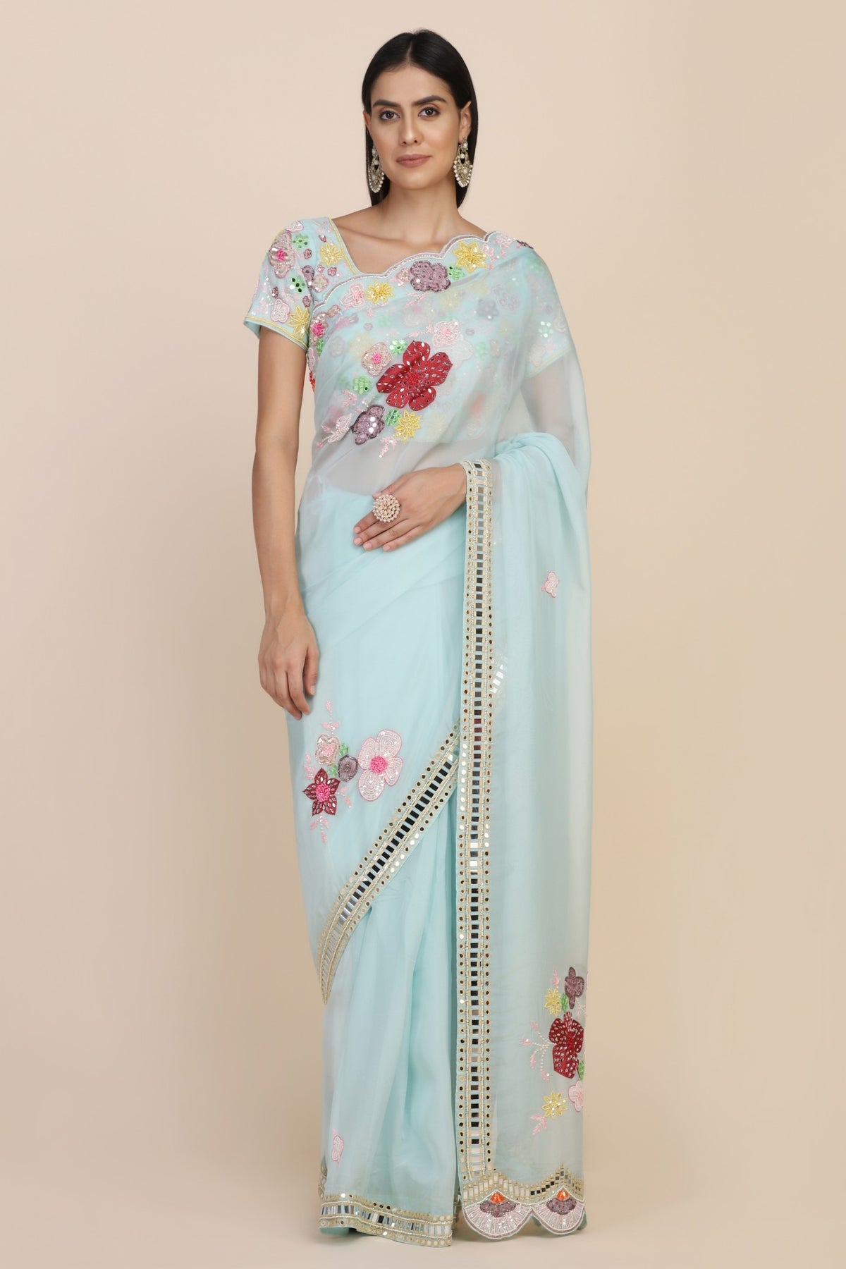 Beautiful aqua color floral motif embroidered saree
