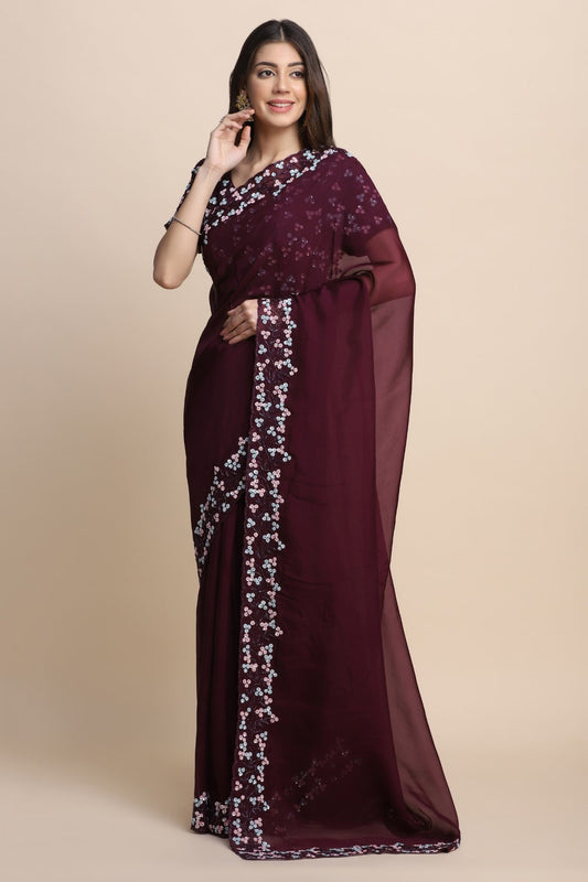 Glamorous wine color floral embroidered saree