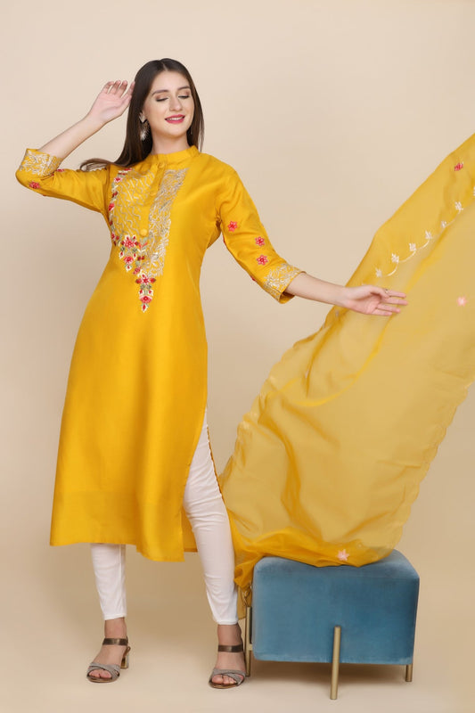 Stunning Yellow Floral Motif Embroidered Kurti