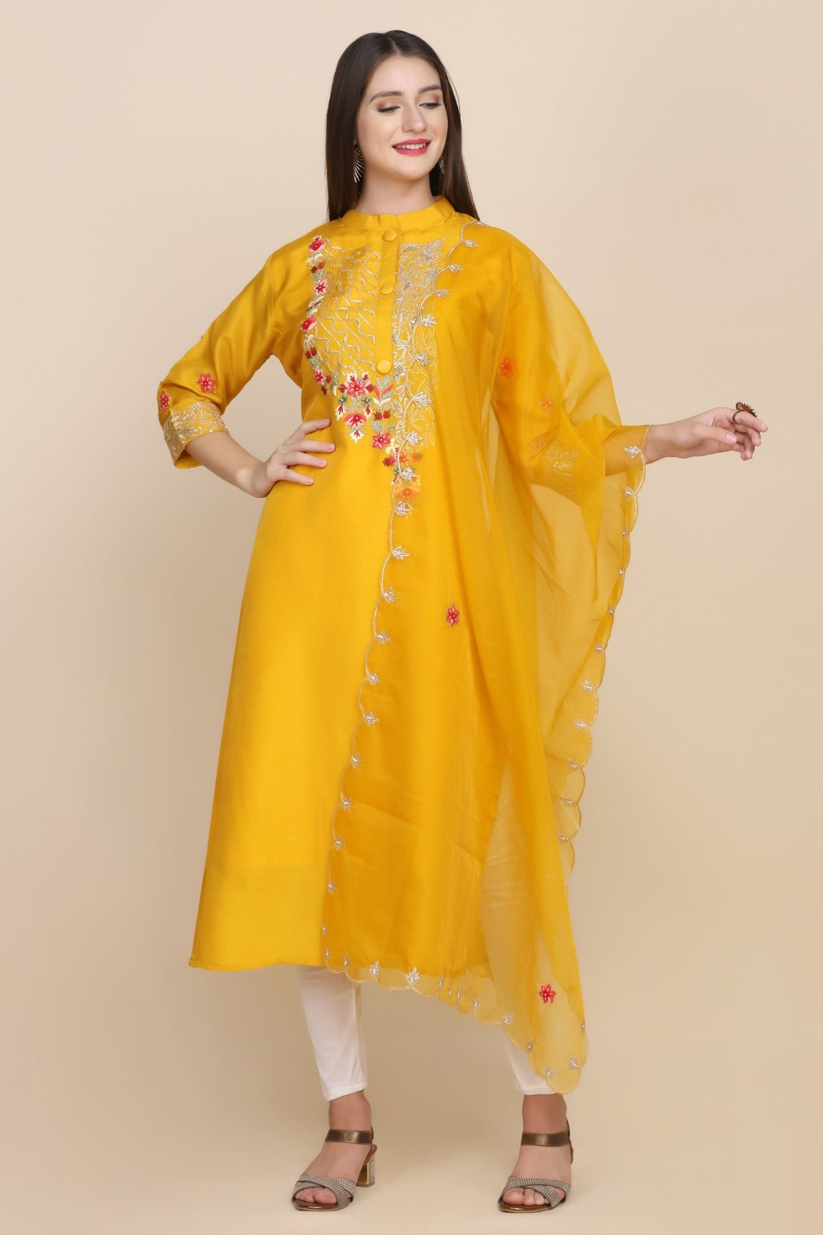 Stunning Yellow Floral Motif Embroidered Kurti