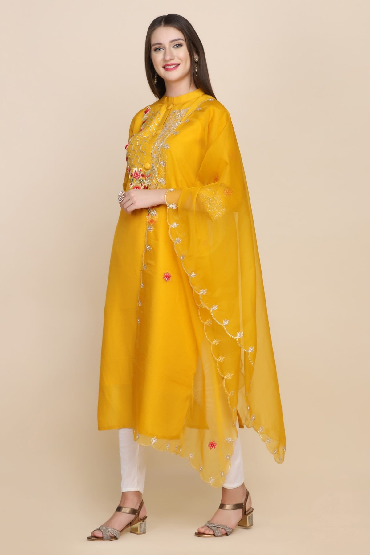 Stunning Yellow Floral Motif Embroidered Kurti