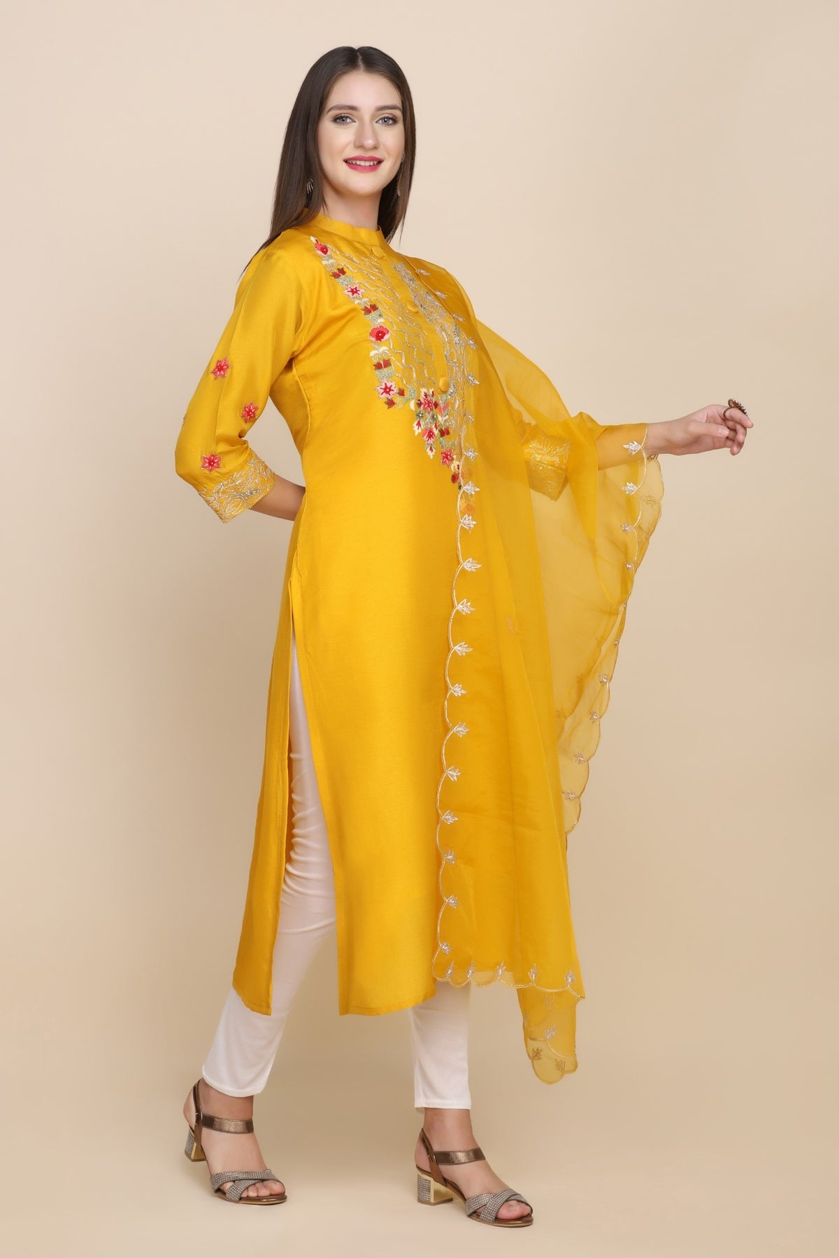 Stunning Yellow Floral Motif Embroidered Kurti