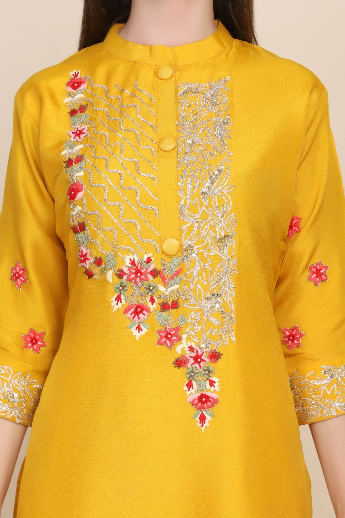 Stunning Yellow Floral Motif Embroidered Kurti