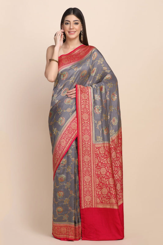 Classic grey color floral jaal hand woven saree
