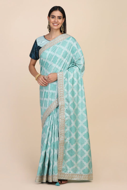 Beautiful blue color geometric motif embroidered saree