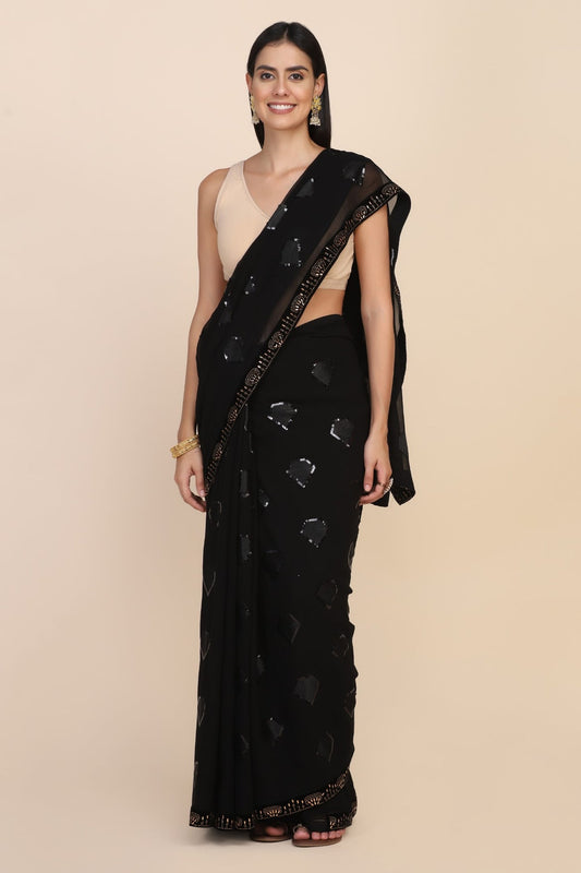Classy black color geometrical motif embroidered saree