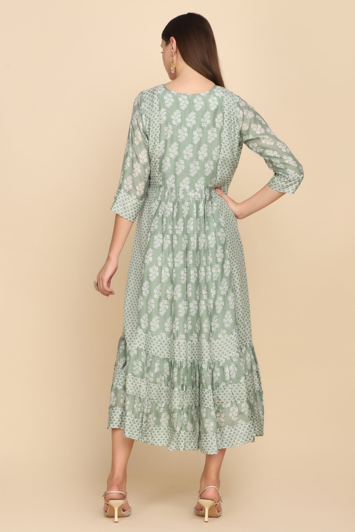 Elegant green printed calf length tunic